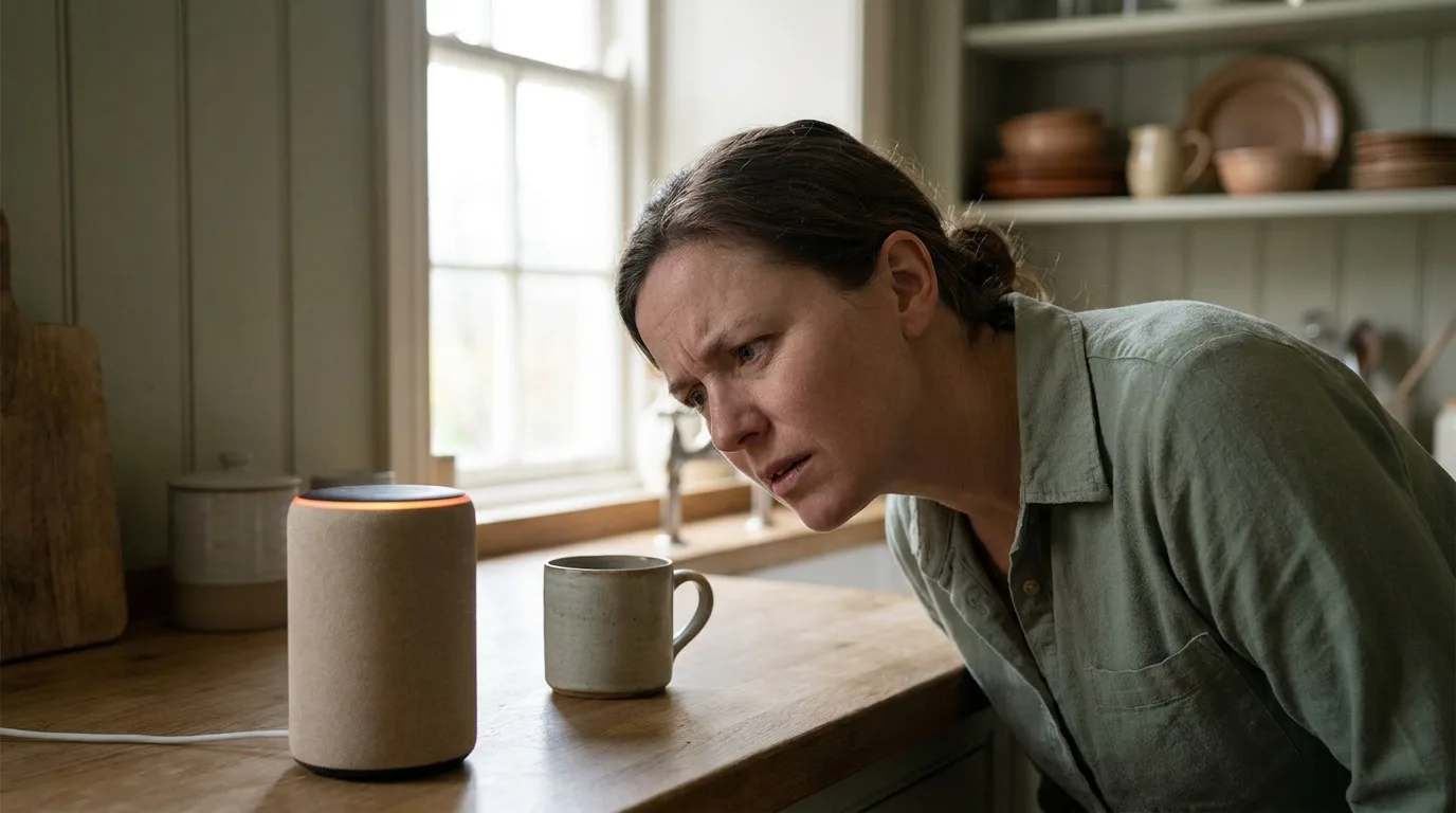 A person leaning toward a kitchen smart speaker, listening again because Google Home keeps saying something went wrong