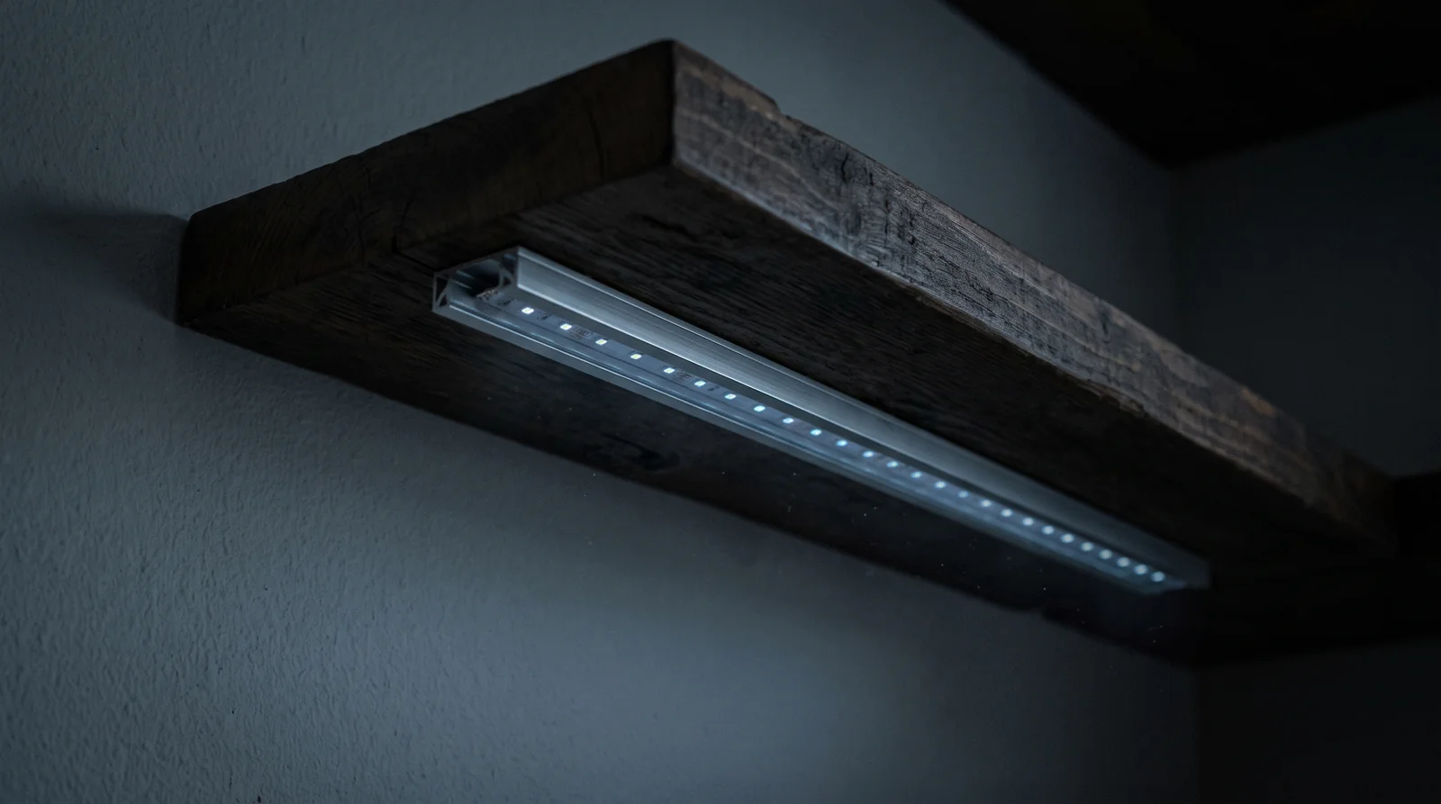 A faint glow under a dark wooden shelf, the look of an LED strip flickering when off