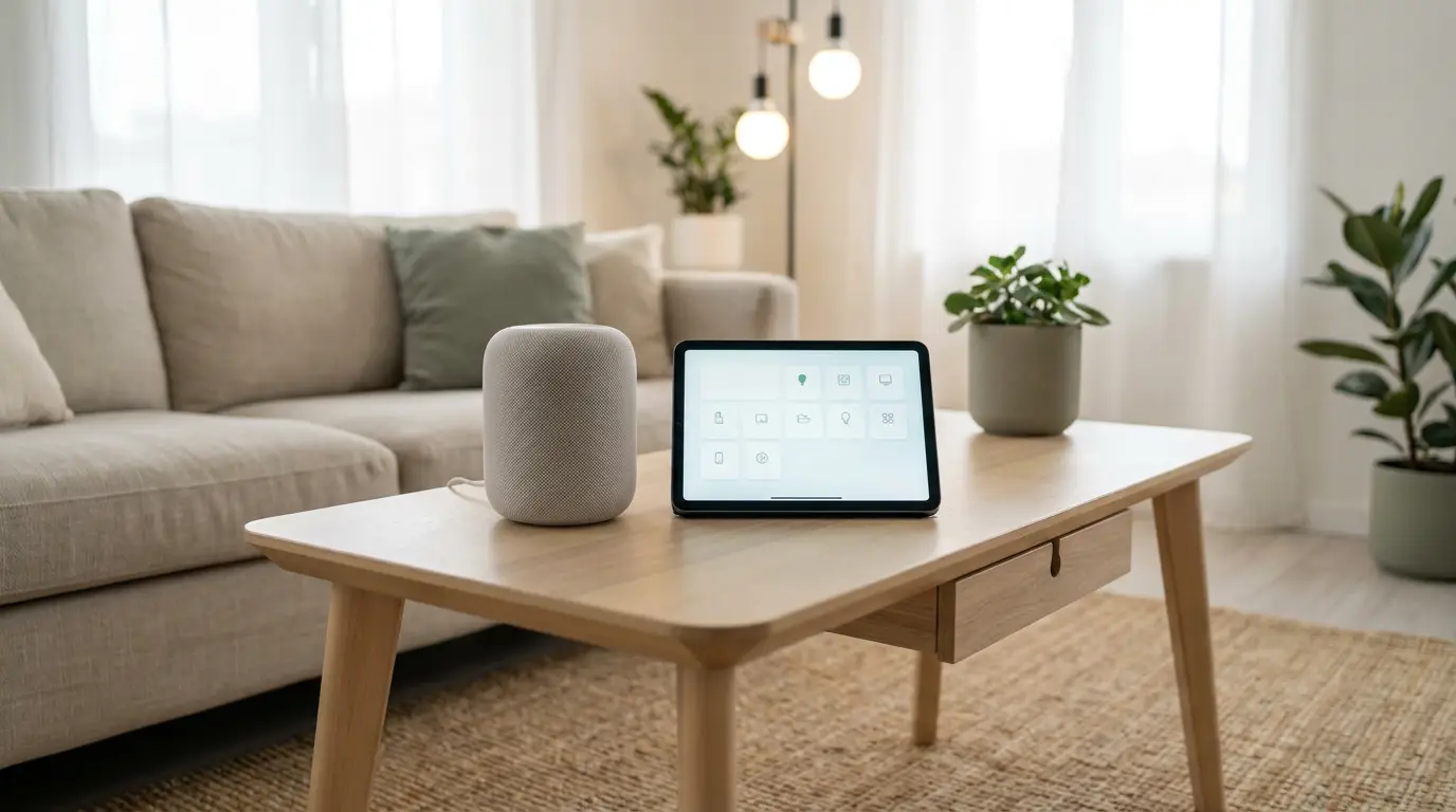 A smart speaker and a tablet showing home controls on a coffee table, the setup behind the matter vs homekit question
