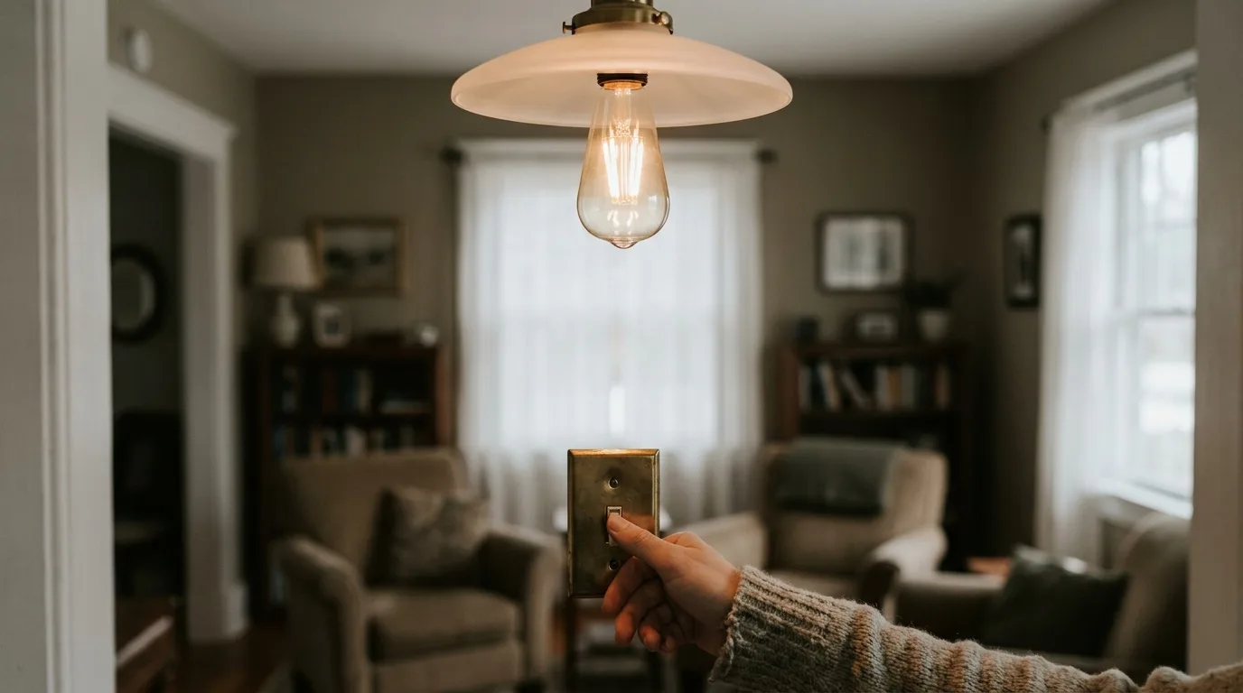 A hand on a toggle wall switch under a lit pendant, the everyday cause of a smart bulb not working with existing wall switch