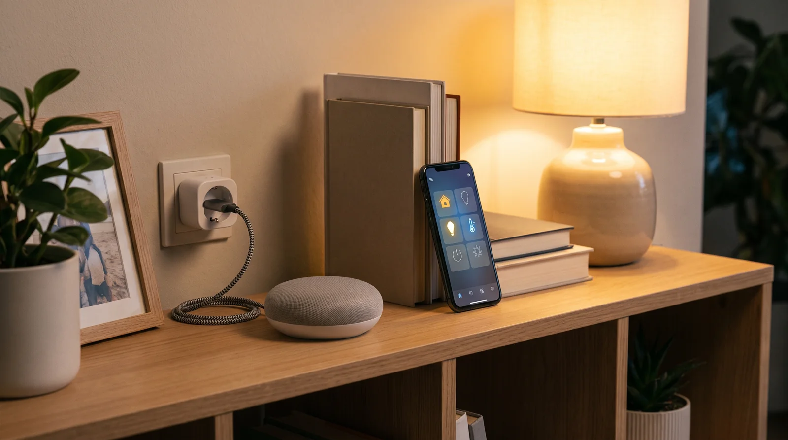 A living room shelf with a smart speaker and a smart plug, the starting point for smart home troubleshooting