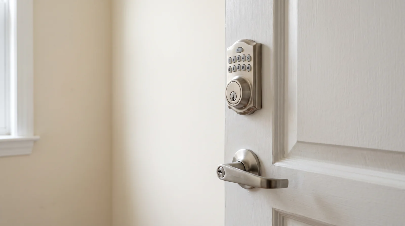 A keypad deadbolt on a white apartment door, the kind of smart lock compatible with Home Assistant once the radio matches