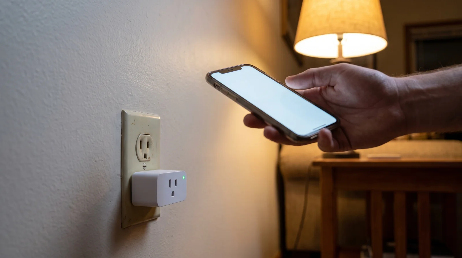 A hand tapping a phone next to a wall outlet with a lamp still lit, the moment you notice a smart plug not turning off