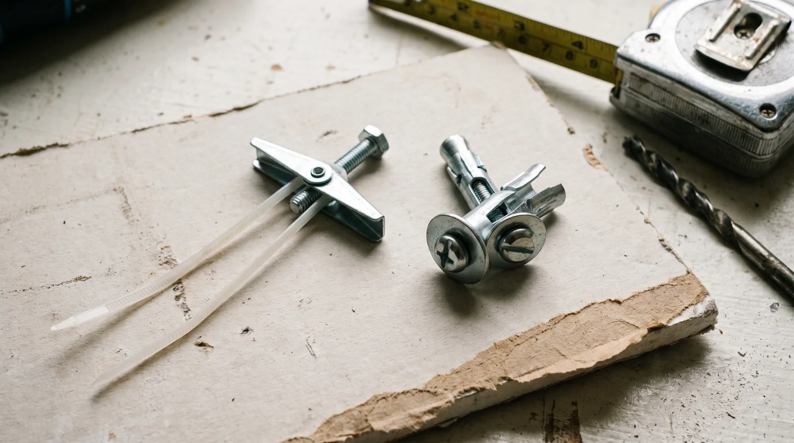 A strap toggle and a metal molly bolt lying on a cut piece of drywall, the two anchors behind toggle bolt vs molly bolt which is stronger
