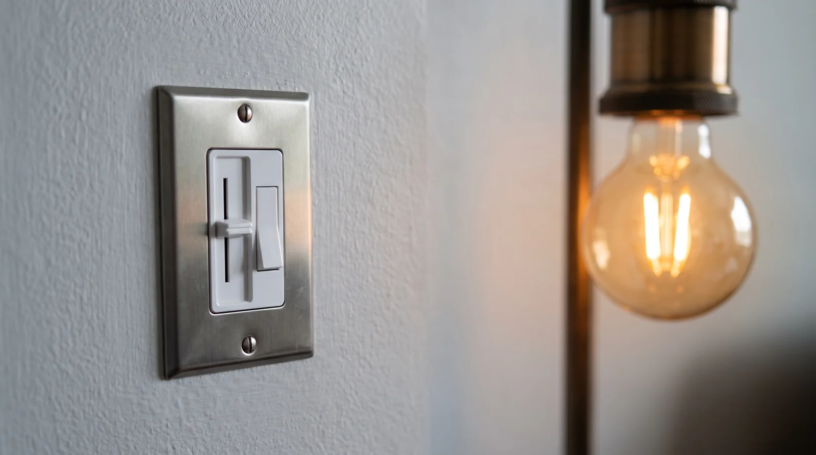 A wall slide dimmer beside a glowing LED filament bulb, asking will a dimmer switch work with LED bulbs like this one