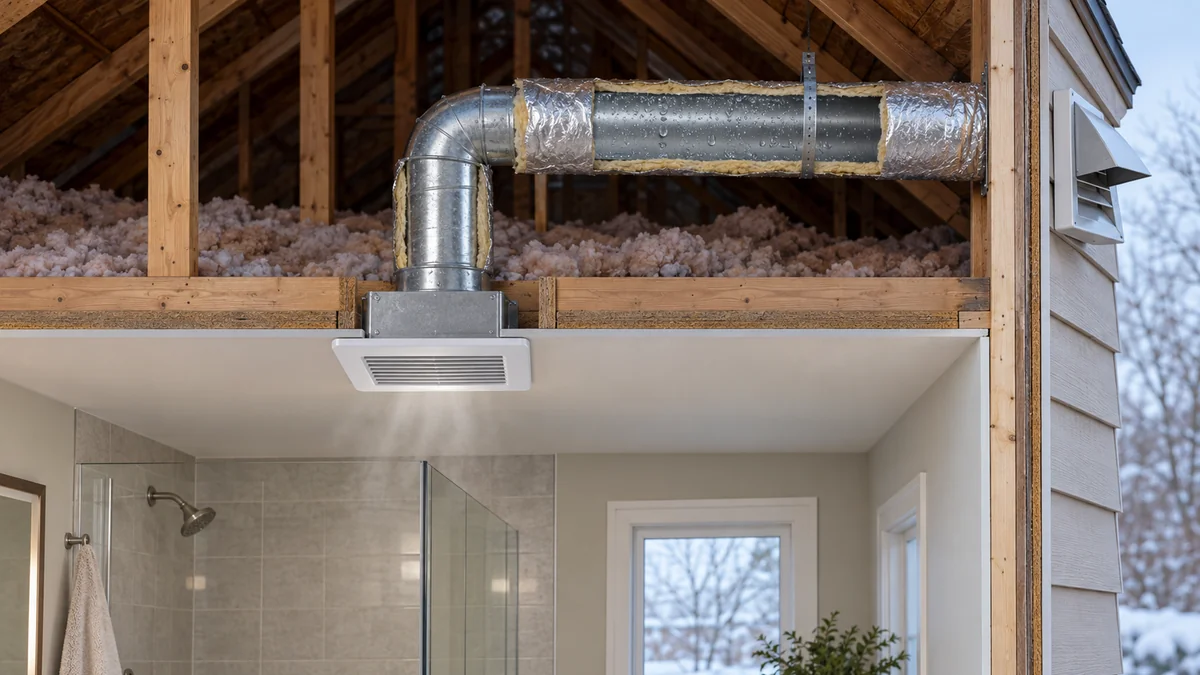 Bathroom fan condensation trap decision with an insulated exhaust duct running through a cold attic