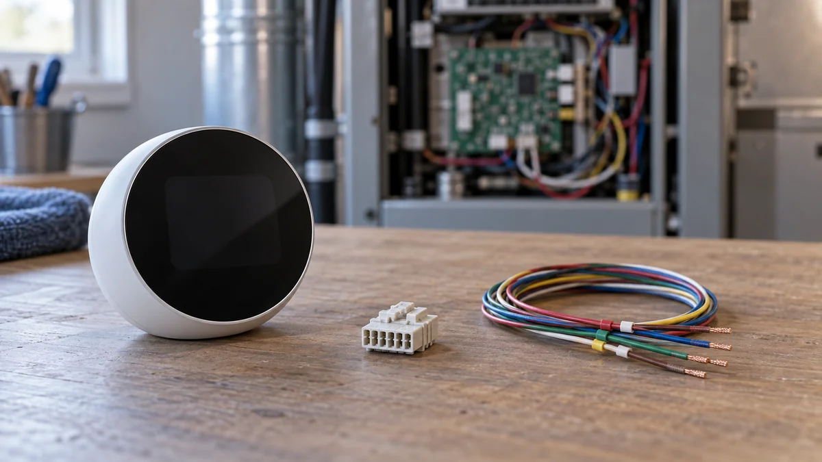 Smart thermostat C wire adapter decision with a thermostat low-voltage connector and 24-volt control wires