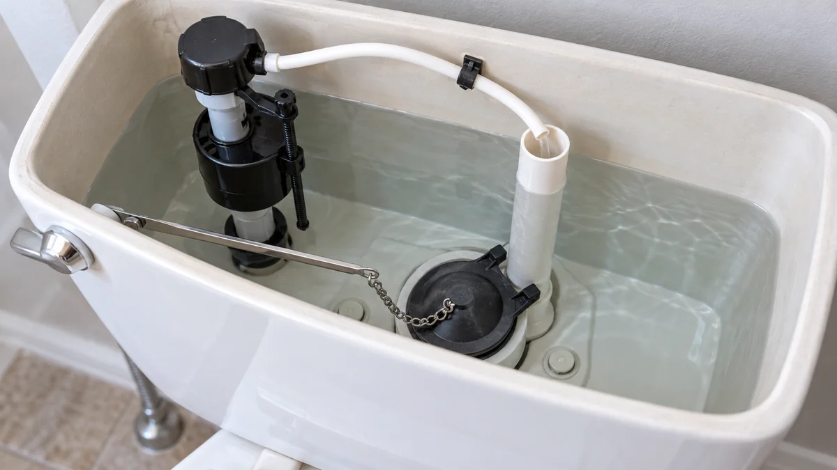 Toilet phantom flushing after replacing flapper shown inside an open tank with the new flapper and refill hose visible