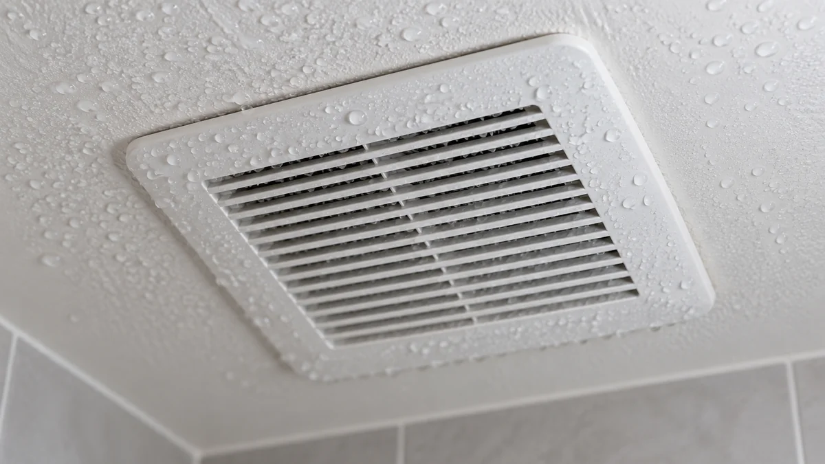 bathroom exhaust fan dripping water from a ceiling grille after a hot shower