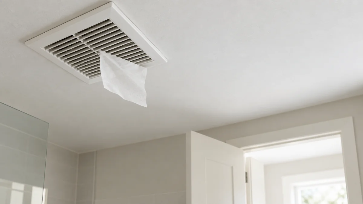 bathroom exhaust fan not pulling air during a tissue check near a partially open door