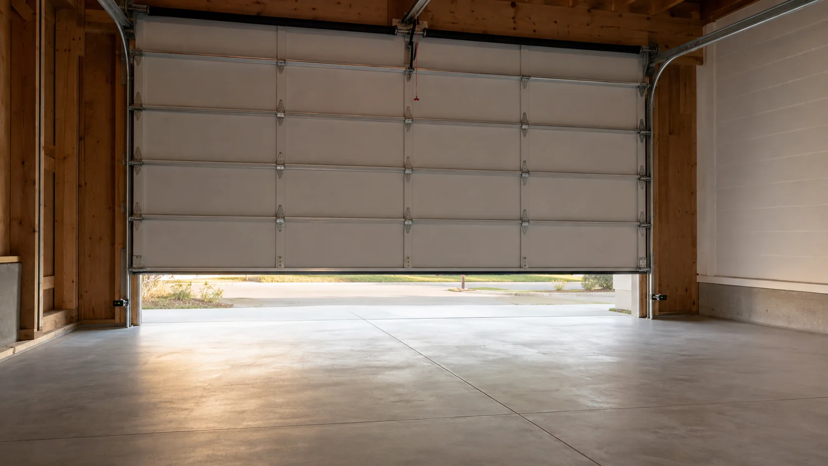A garage door closes then opens back up with both safety sensors visible near the floor