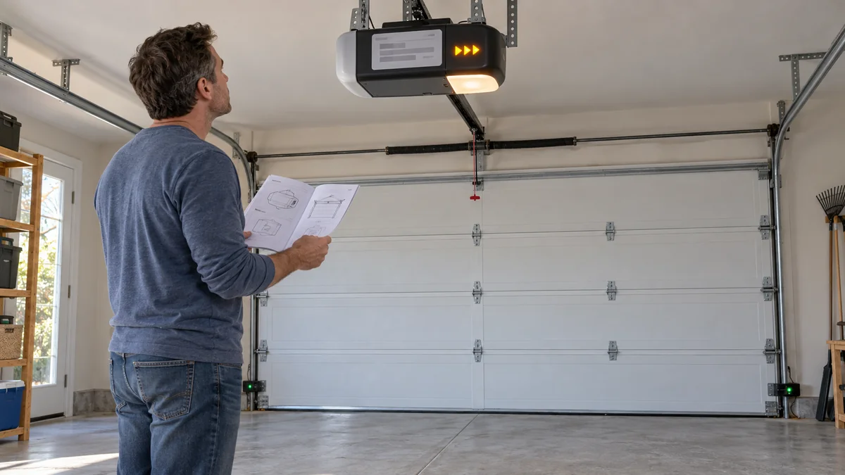 Homeowner checks a manual while garage door opener blinks but does not open