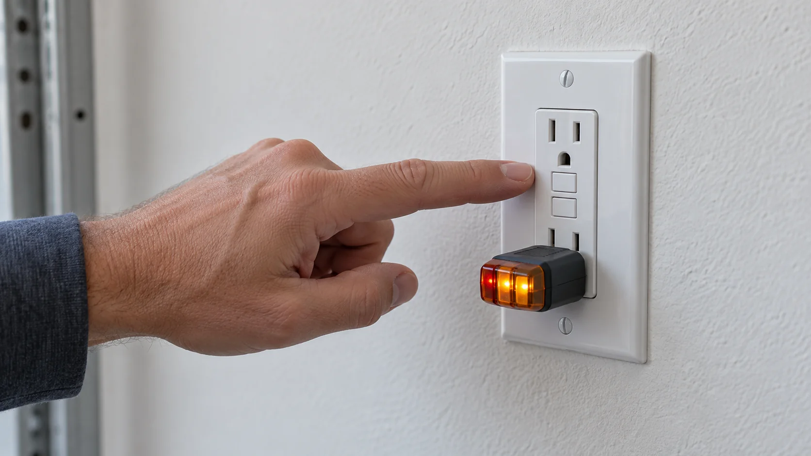 GFCI outlet won't reset but has power while a plug-in tester glows and a hand pauses near the buttons