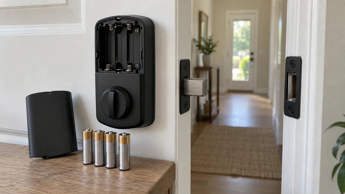 smart lock battery draining fast with its cover off beside four fresh AA batteries and an open deadbolt