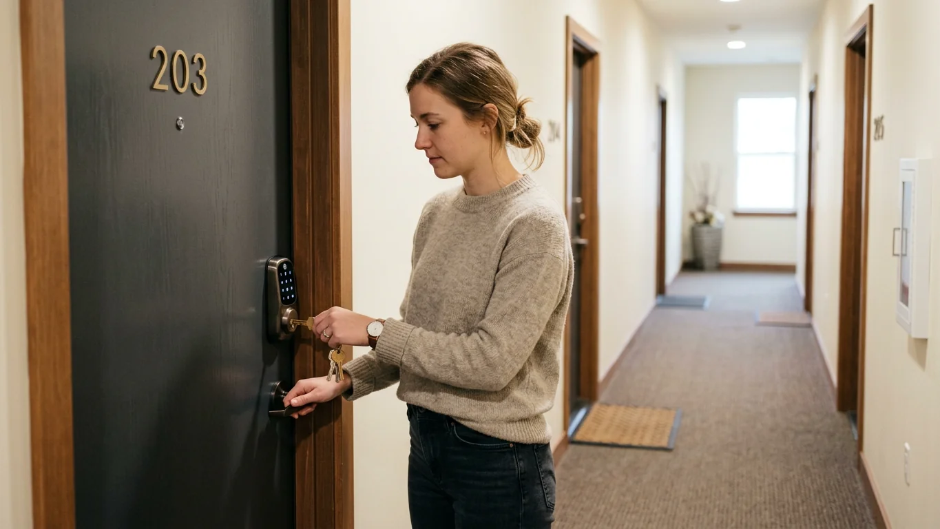 A renter checking a keyed apartment door before asking can i install a smart lock in my apartment
