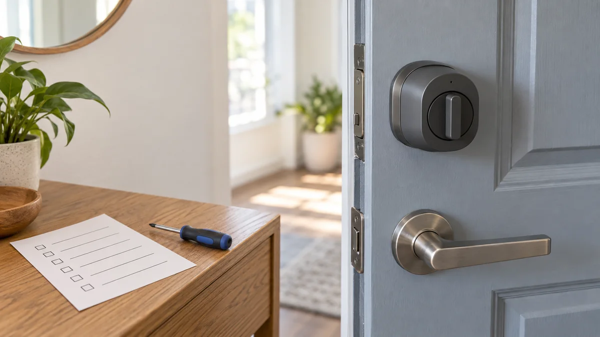 smart lock without changing deadbolt mounted over the inside thumb turn beside a fit checklist