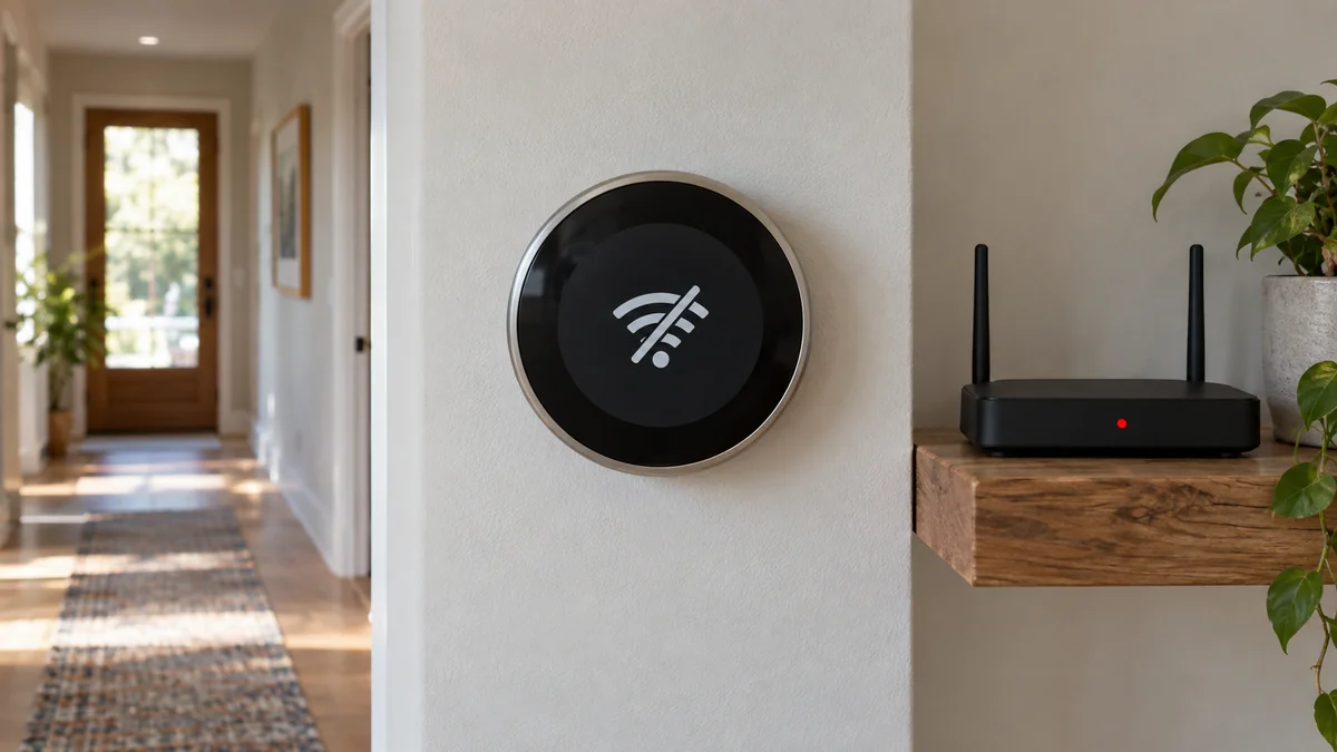 smart thermostat keeps going offline beside a router showing a connection fault