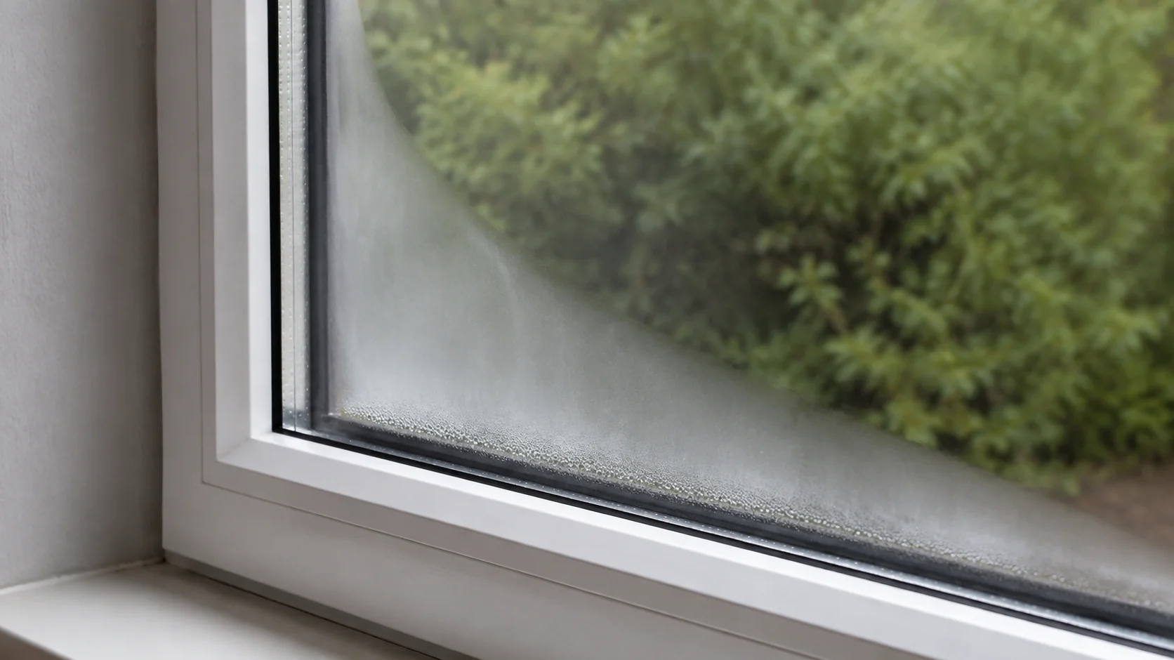 Window condensation between panes forming a milky band inside a white double-pane window