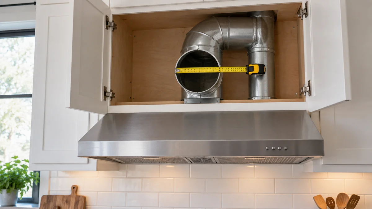 Range hood duct size for replacement measured across an exposed metal kitchen exhaust connection