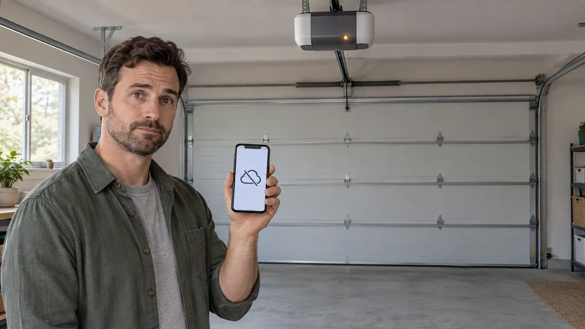 Smart garage door opener offline while its amber status light and a phone show the lost connection