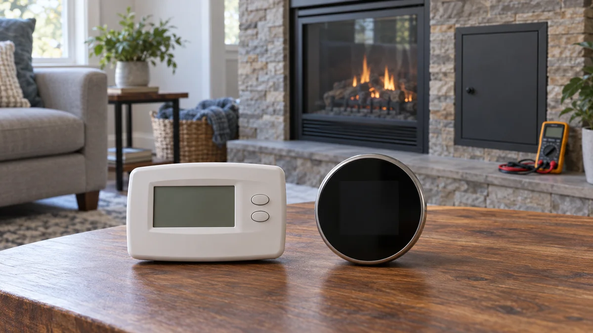 Smart thermostat compatible with millivolt system beside a gas fireplace control