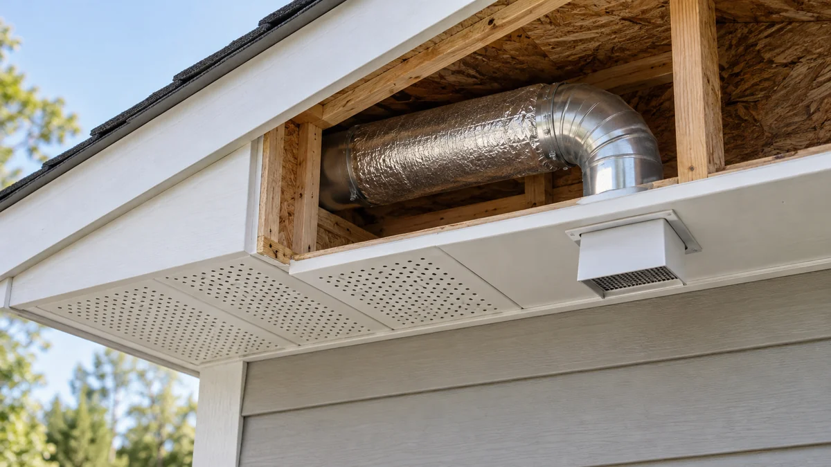 Can bathroom exhaust fan vent through soffit near vented eave panels