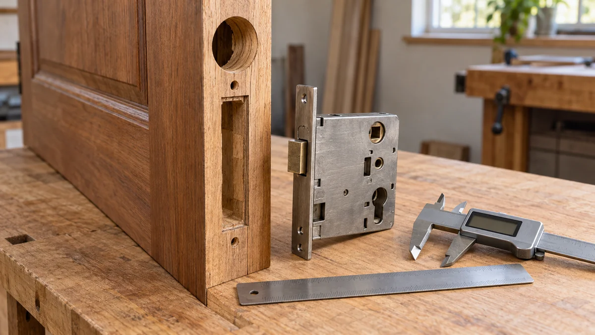 Smart lock compatible with mortise lock beside a door edge ruler and caliper