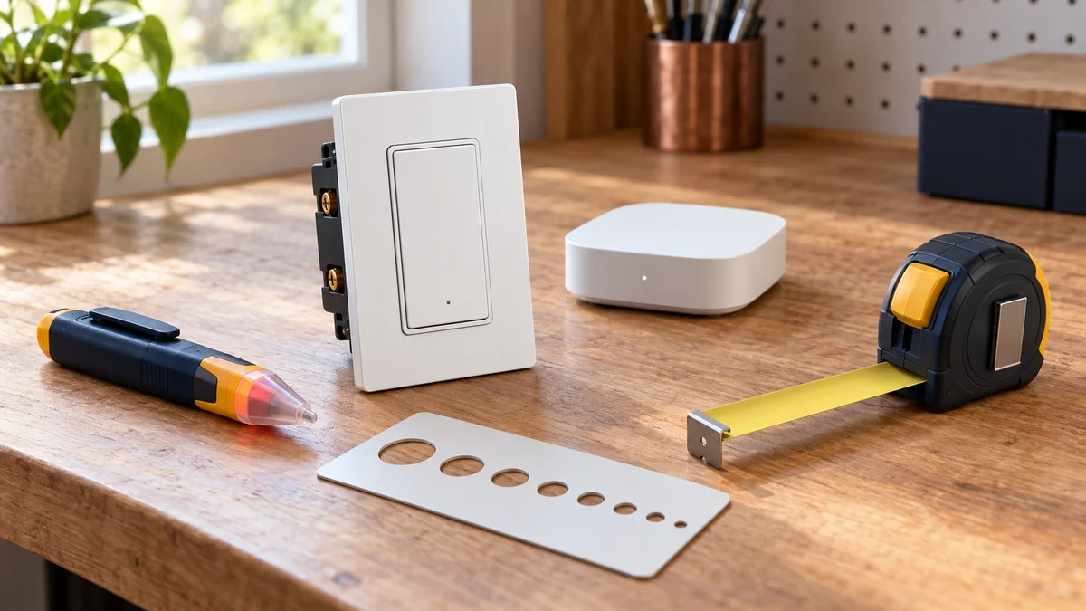 Smart switch compatible with Home Assistant beside a radio hub and switch-box measuring tools
