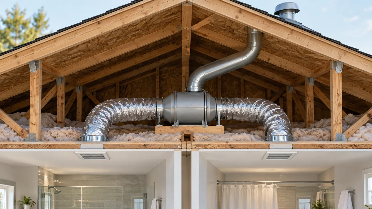 Can two bathroom fans share a vent using one central inline fan and two insulated intake ducts