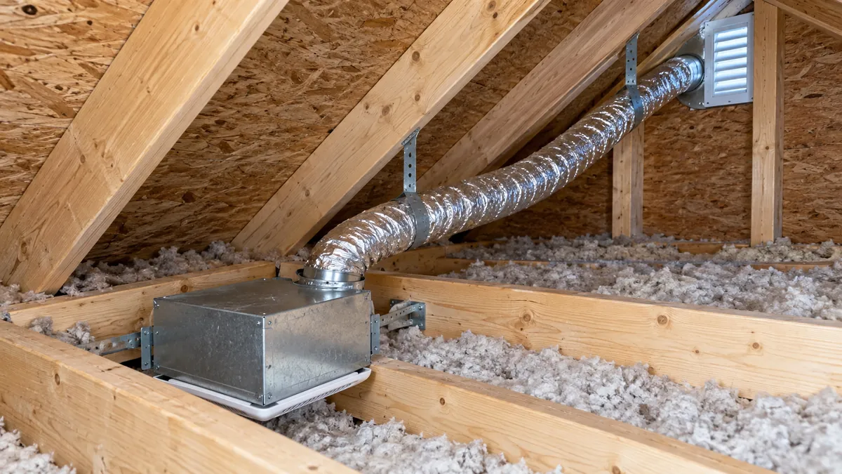 Bathroom fan duct insulation attic installation with a small fan housing and supported insulated duct