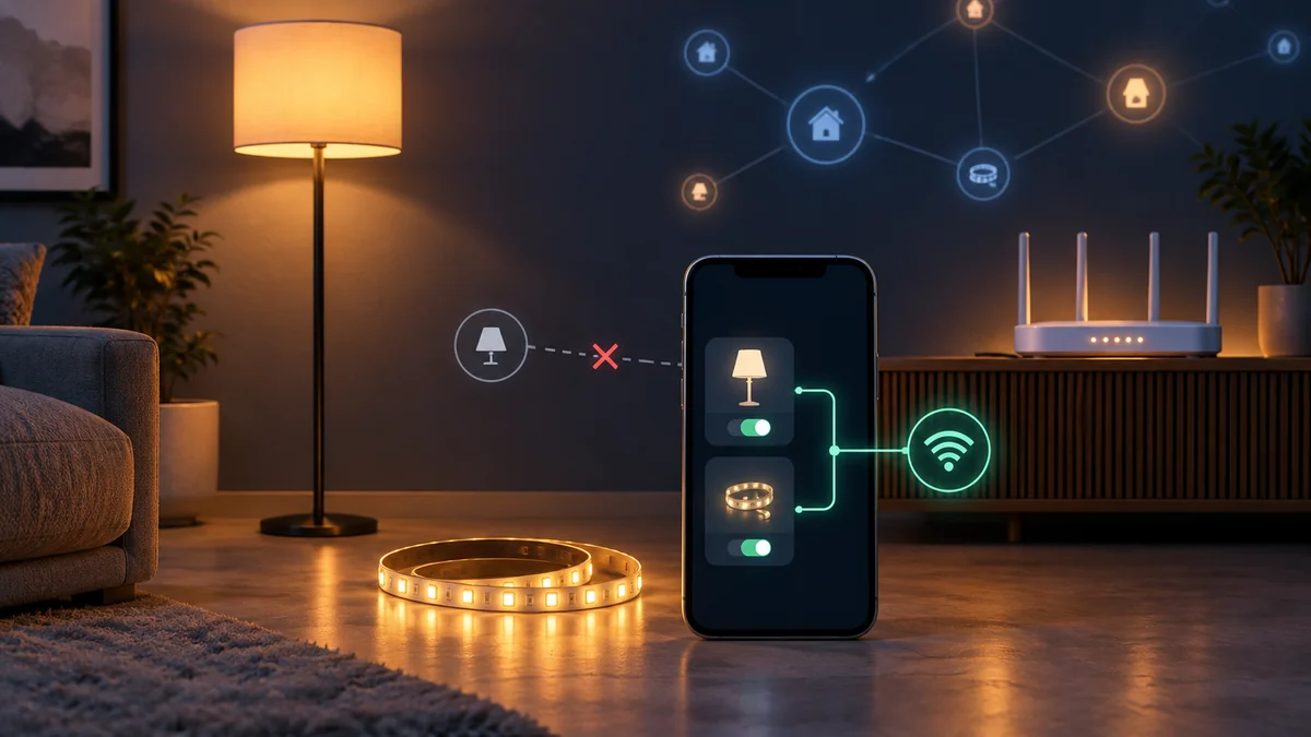 Govee matter not connecting to HomeKit shown as a smart light phone and Wi-Fi router with a broken pairing path