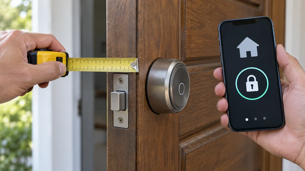 Smart lock compatible with Apple Home beside a measured deadbolt and an iPhone showing Home Key