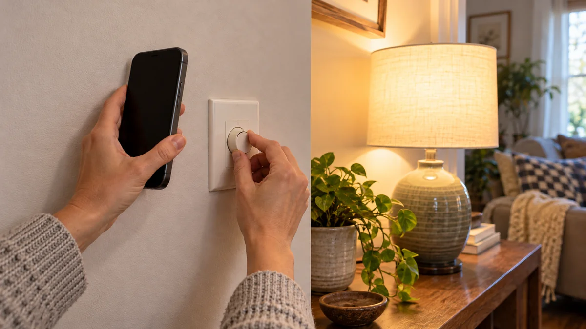 Hands check dimmer switch buzzing with LED lights using a smartphone while adjusting the wall control beside a lit lamp.