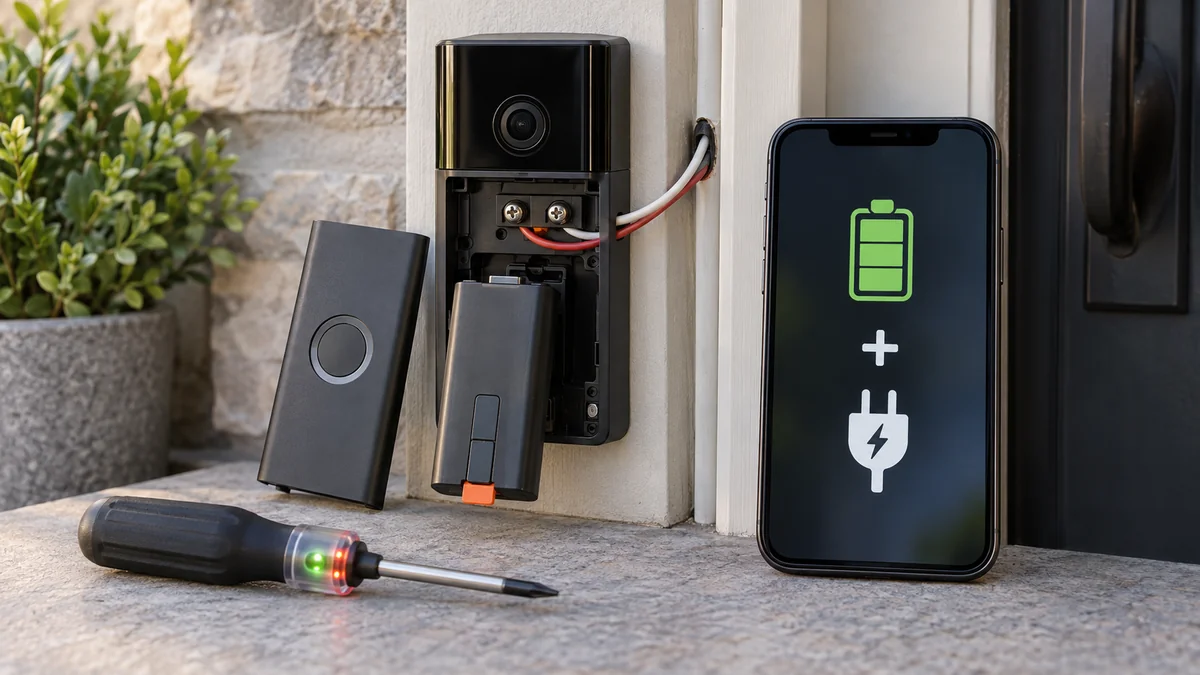 Generated generic video doorbell with external power a removable battery and phone power icons for ring battery says hardwired