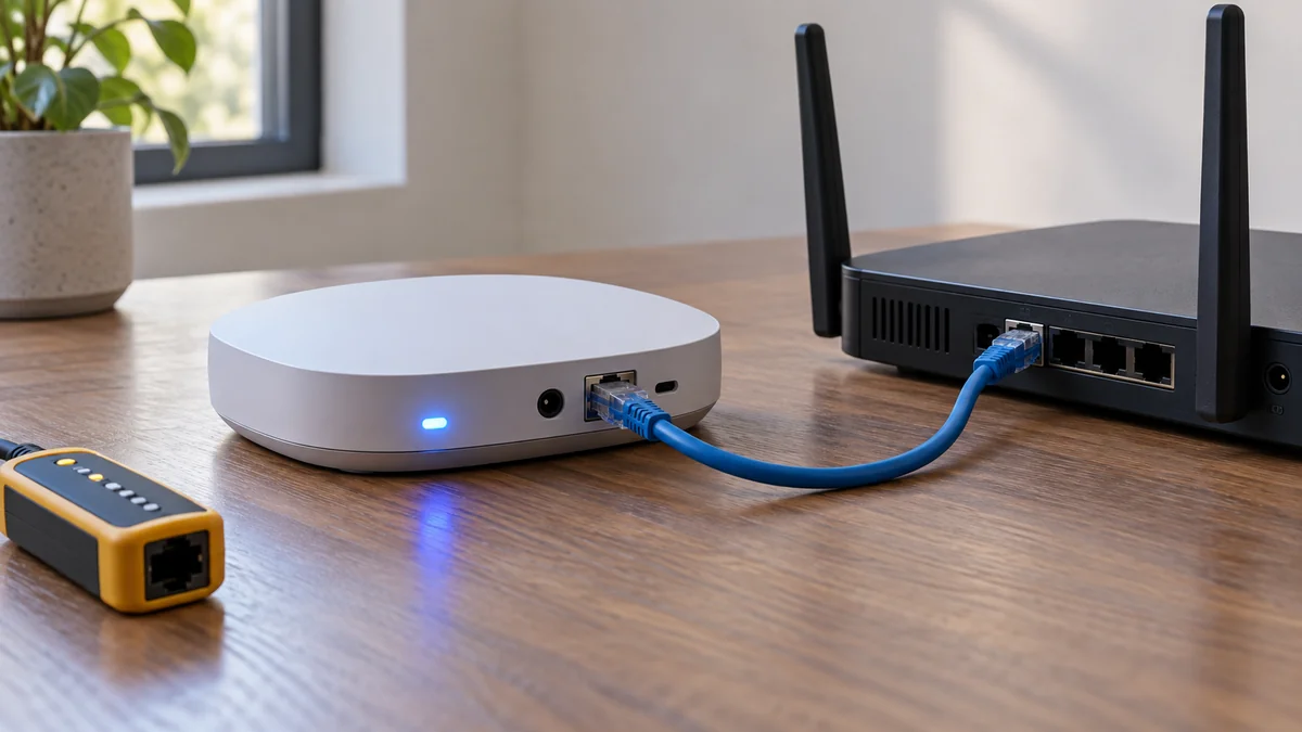 Smartthings hub blue light blinking beside a router and connected Ethernet cable during a network check