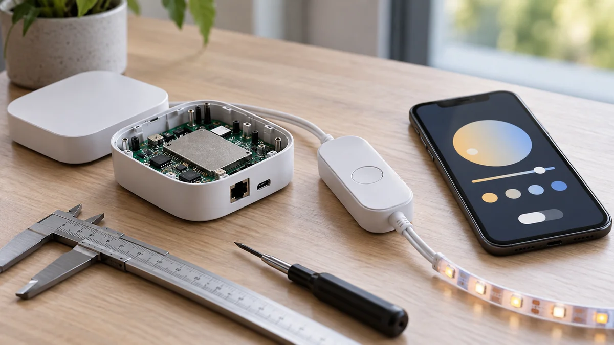 Govee HomeKit bridge decision beside an unbranded light controller and phone
