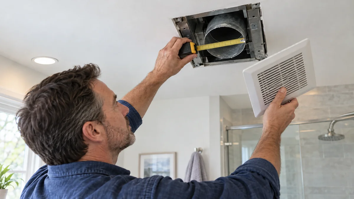 Bathroom exhaust fan duct size measured across a round ceiling duct collar before replacement