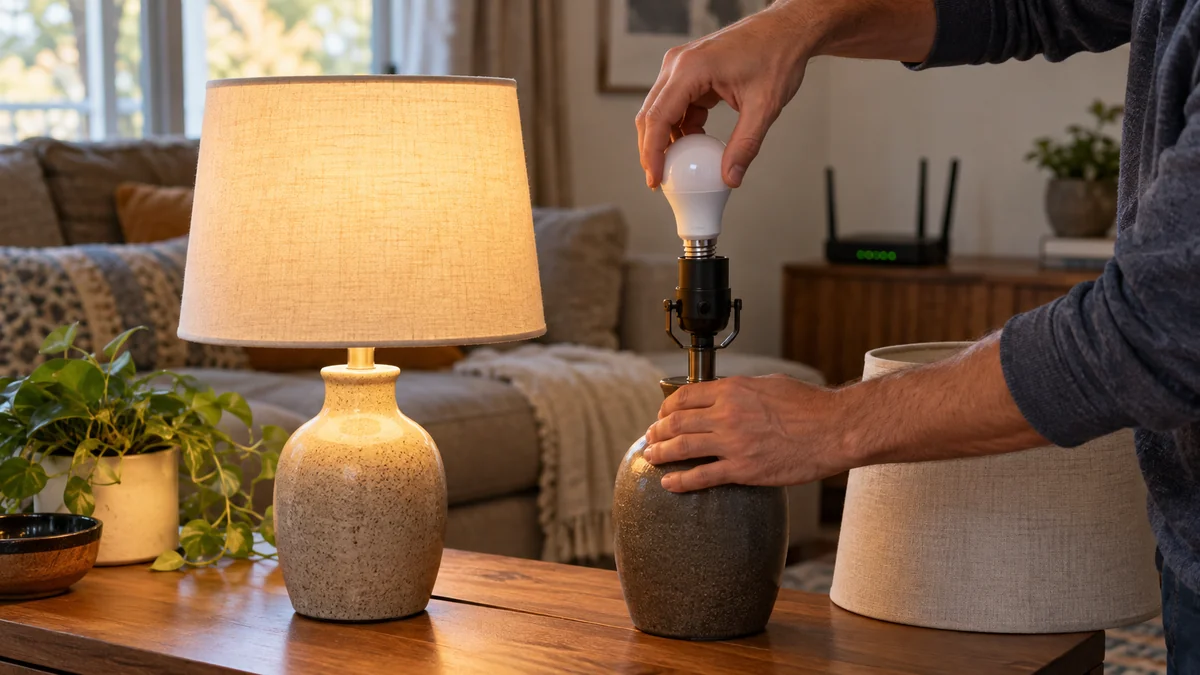 Smart bulb keeps going offline during a two-lamp socket swap test beside a Wi-Fi router